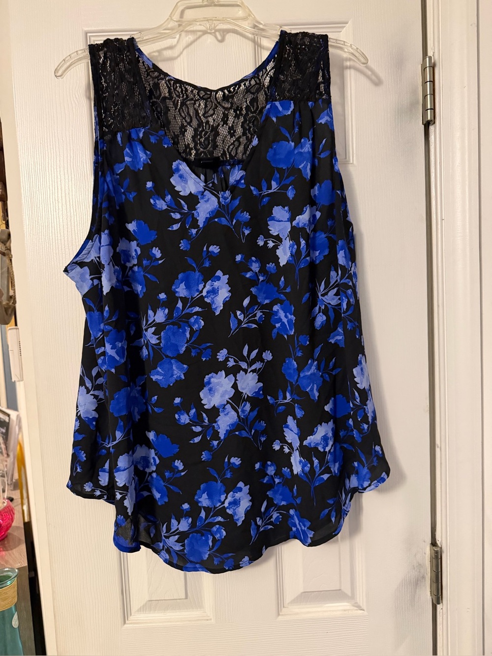 torrid Black Camisole with Blue Floral Print and Lace Yoke
